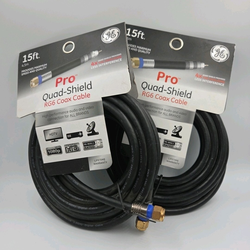 GE 33732 Pro Quad-Shield RG6 Coax Cable 15 ft 4.5m by jasco 2018 New Lot Of 2